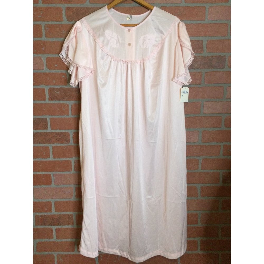 Vintage Nancy King Women's Pink Night Gown XL Flutter Sleeve Lace Trim Dead stoc